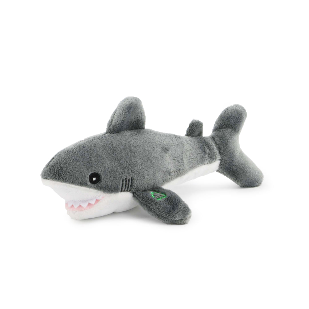 Studio shot of the blue ANCOL Made From Mini Shark toy, highlighting the soft plush fabric and stitched details, supplied by Paw Branch.