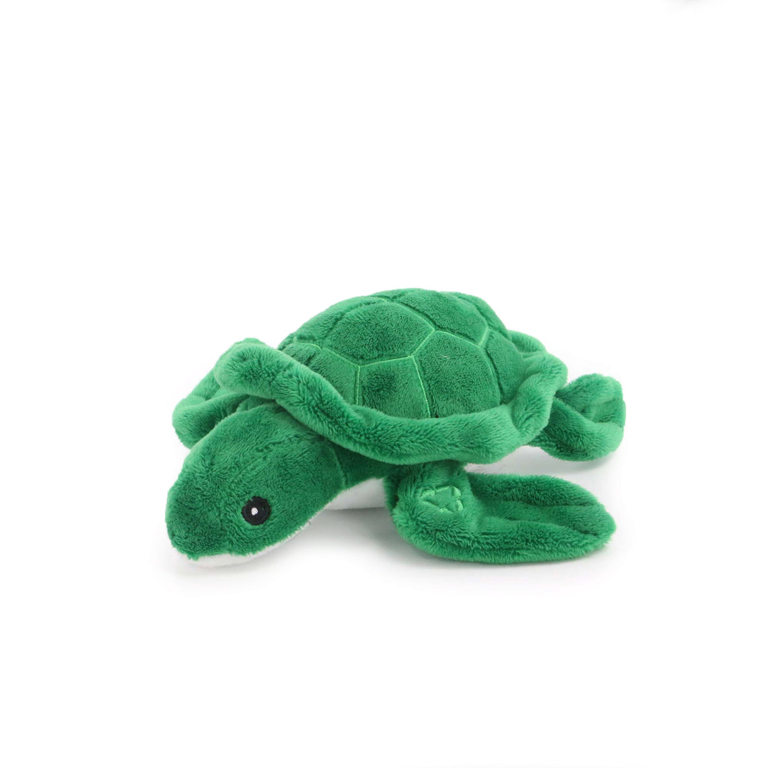 Studio shot of the green ANCOL Made From Mini Turtle toy, highlighting the soft plush fabric and segmented shell design, supplied by Paw Branch.