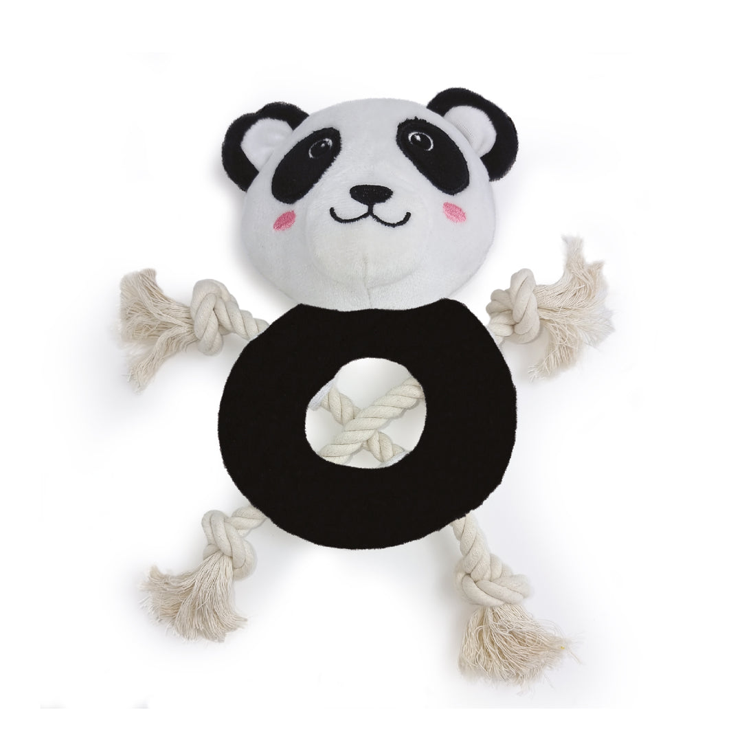 Studio shot of the black and white ANCOL Made From Panda plush toy with rope limbs and ring body, supplied by Paw Branch.