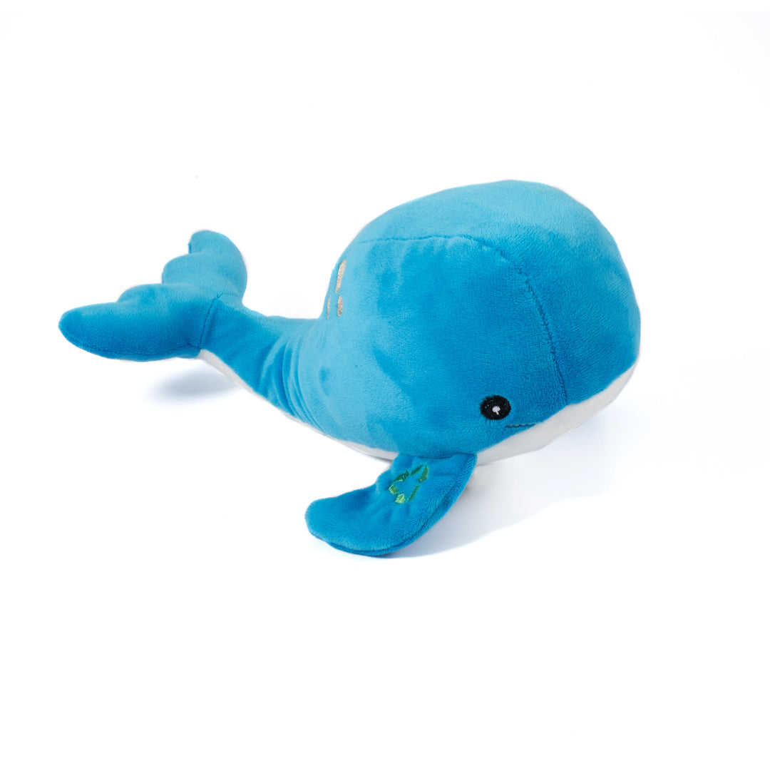 Studio shot of the blue ANCOL Made From Whale Plush Toy, highlighting the soft plush fabric and fin design, supplied by Paw Branch.