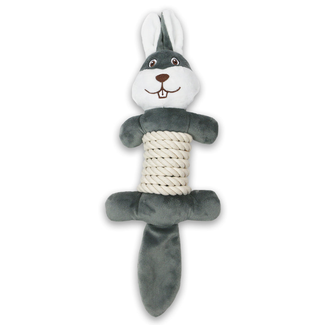Studio shot of the grey ANCOL Made From squirrel Bellies Plush Toy, highlighting the cotton rope center, supplied by Paw Branch.
