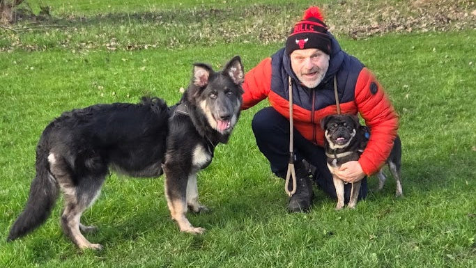 Dave, paw branch founder with his 2 dogs Luigi the pug and Zeus a German shepherd dog.