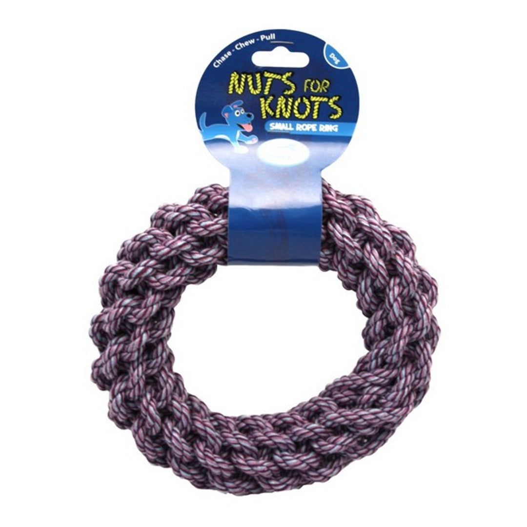 Small natural cotton rope ring dog toy by Happy Pet shown in a circular shape, supplied by Paw Branch.