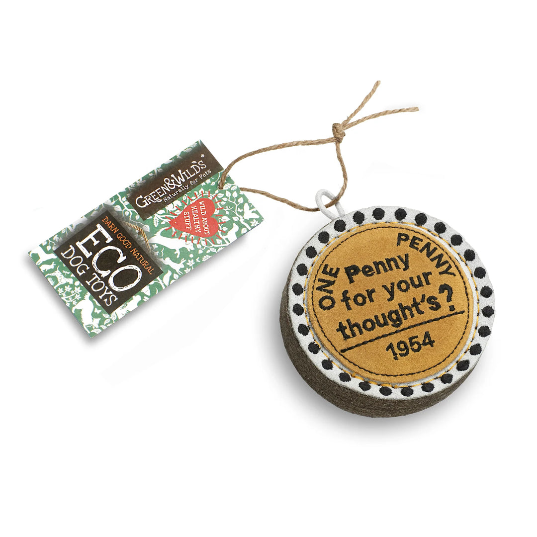 Penny for Your Thoughts eco dog toy by Green and Wild’s designed for extra small and small dogs with product tag supplied by Paw Branch