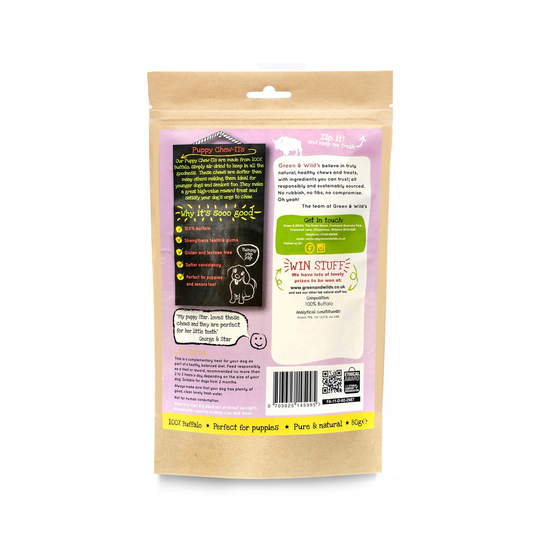 back of packet of puppy treats showing ingredients etc