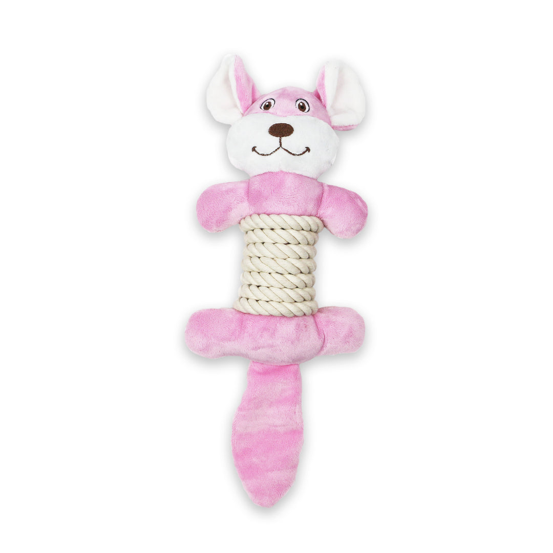 Studio shot of the pink and white ANCOL Made From Rabbit Bellies toy, highlighting the sturdy rope center, supplied by Paw Branch.
