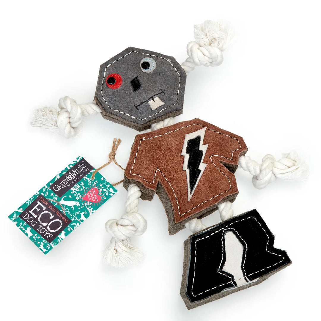 Rob the Robot eco dog toy by Green and Wild’s made with felt, suede and rope for medium sized dogs supplied by Paw Branch