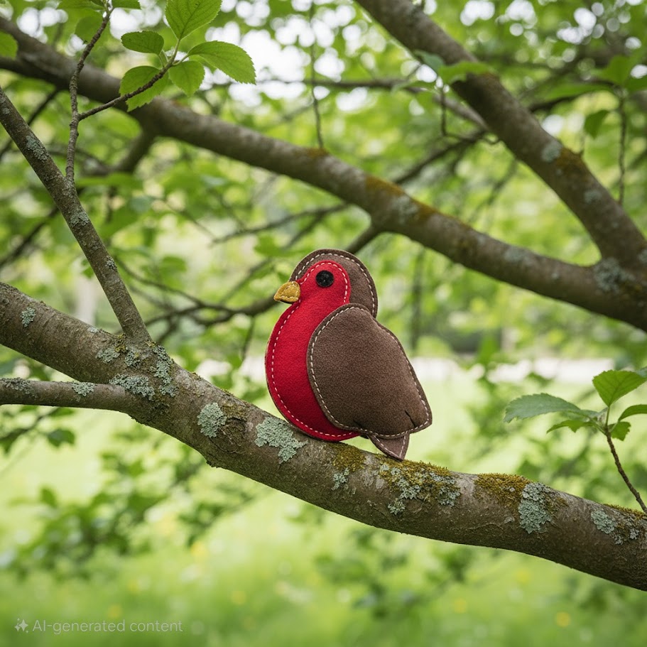 Detailed close-up of the red and brown suede Robin toy sitting on a mossy tree branch, supplied by Paw Branch.