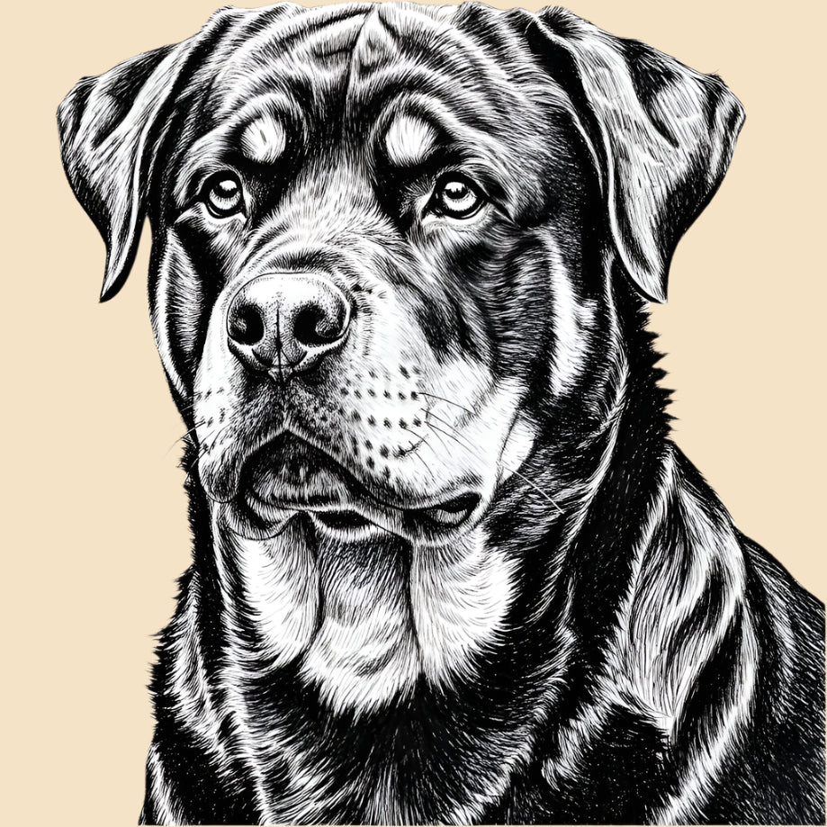 Sketch of a Rottweiler, extra large dog breed featured in The Puggly Club eco friendly birthday boxes