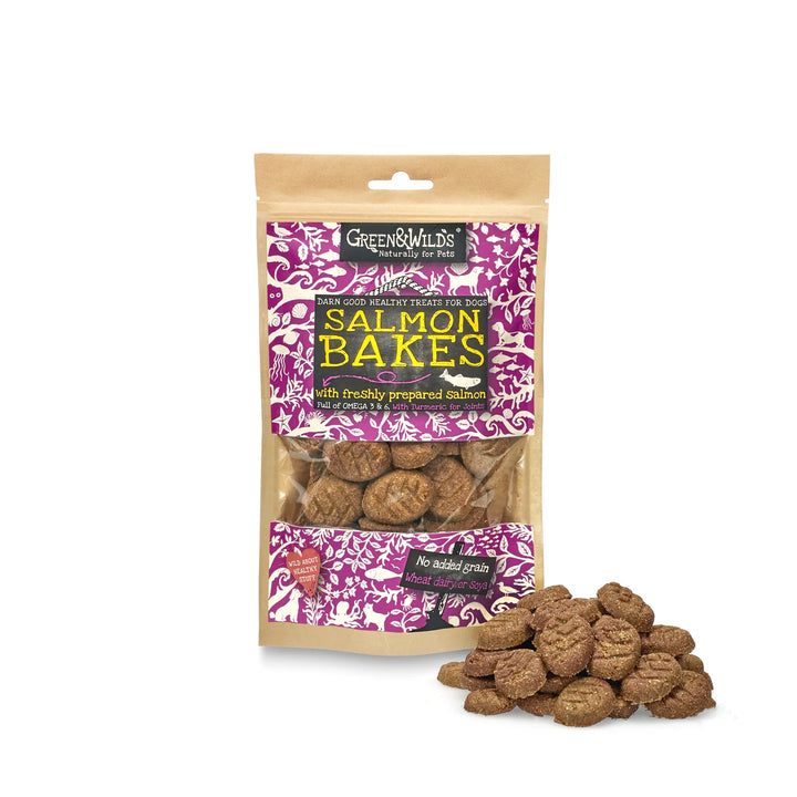 Package of Green & Wilds Salmon Bakes dog treats with a white background
