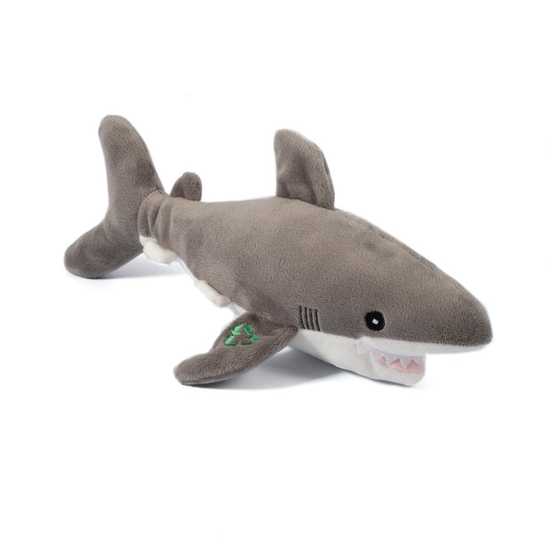 Studio shot of the grey ANCOL Shark Cuddler plush toy, highlighting the soft fabric and stitched features, supplied by Paw Branch.