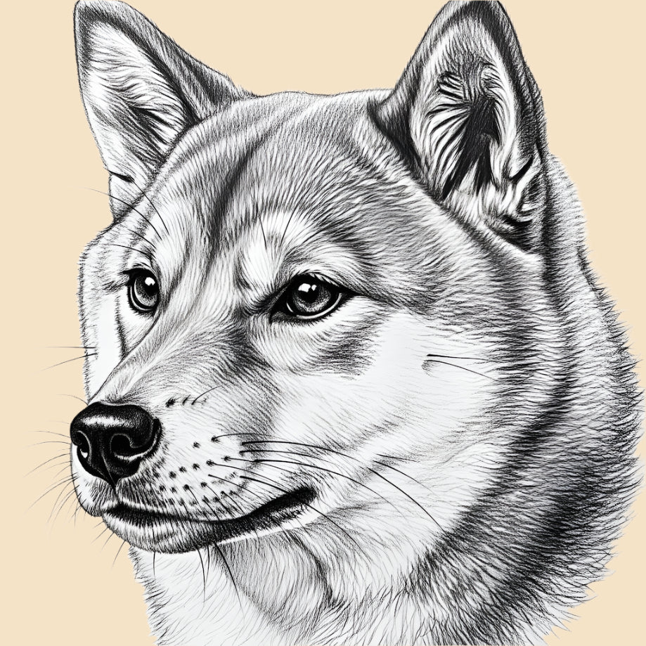Sketch of a Shiba Inu, medium dog breed featured in The Puggly Club eco friendly birthday boxes