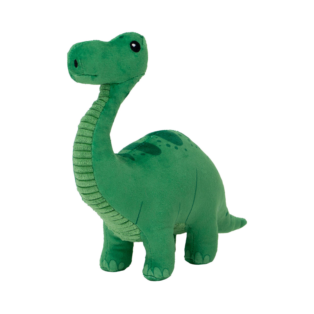 Studio shot of the green ANCOL Small Bite Dino plush toy, highlighting the soft recycled fabric and features, supplied by Paw Branch.