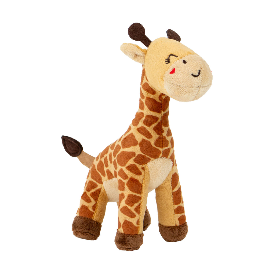 Studio shot of the brown and tan ANCOL Small Bite Giraffe plush toy, highlighting the soft recycled fabric and features, supplied by Paw Branch.