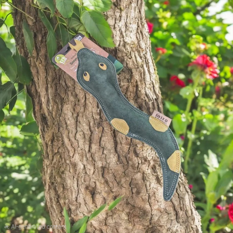 Eco leather Miro and Makauri Sonny Snake toy outdoors, supplied by Paw Branch.