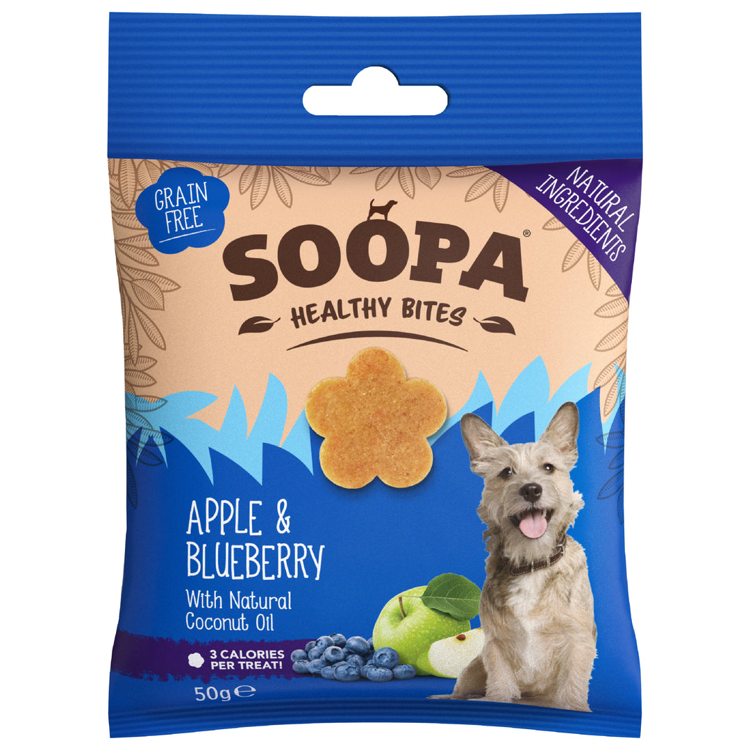 Package of Soopa Healthy Bites dog treats with a blue background and a dog on it.