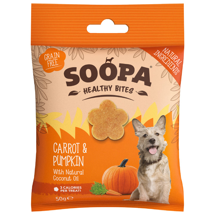 Package of Soopa Healthy Bites dog treats with carrot and pumpkin flavor on an orange background