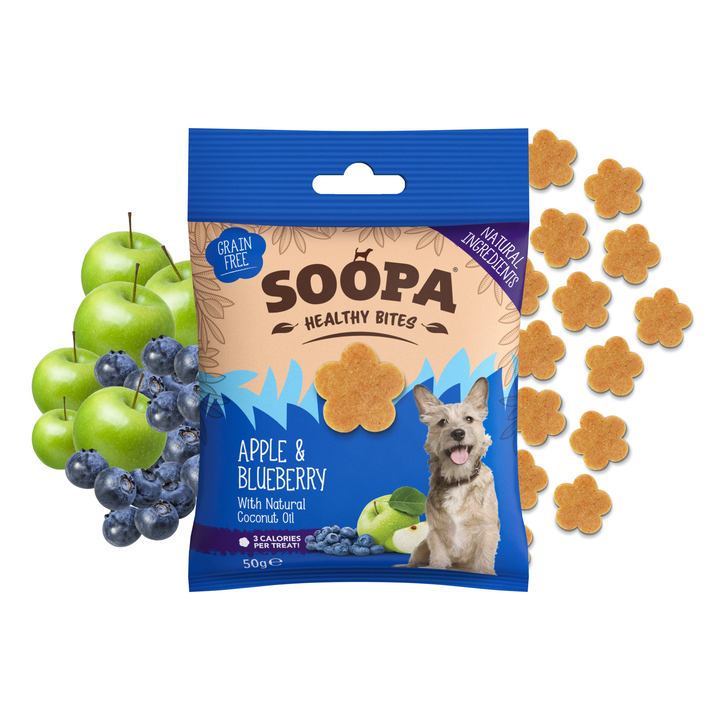 Soopa Healthy Bites dog treat package with apples, blueberries, and treats on a white background