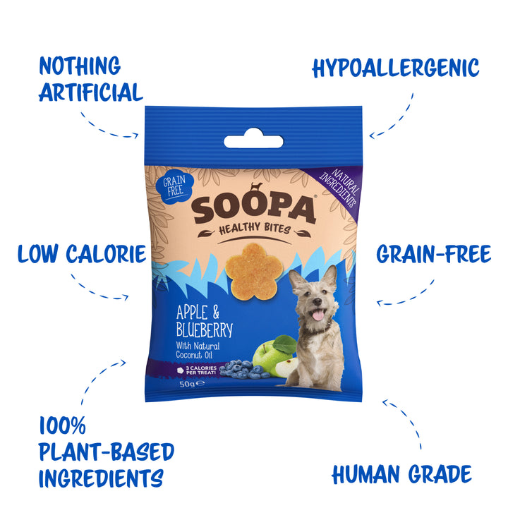 Package of Soopa Healthy Bites dog treats with text highlighting features on a white background