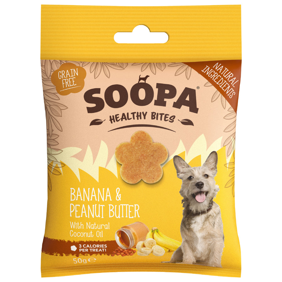 Package of Soopa Healthy Bites Banana & Peanut Butter dog treats with a dog on the label.