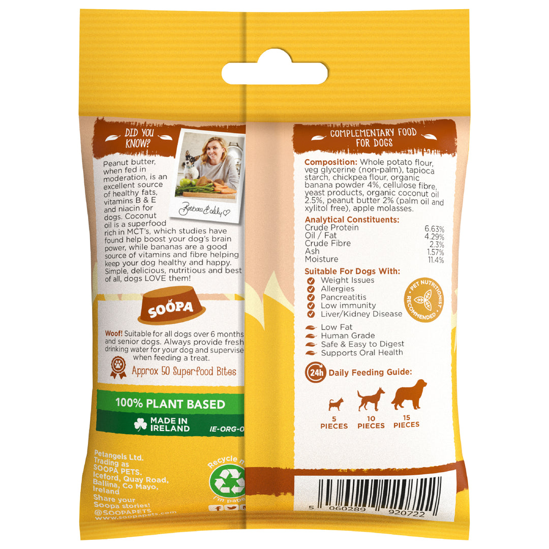 Dog food package with yellow and white design, featuring text and images of a woman and dogs.
