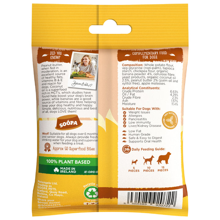 Dog food package with yellow and white design, featuring text and images of a woman and dogs.
