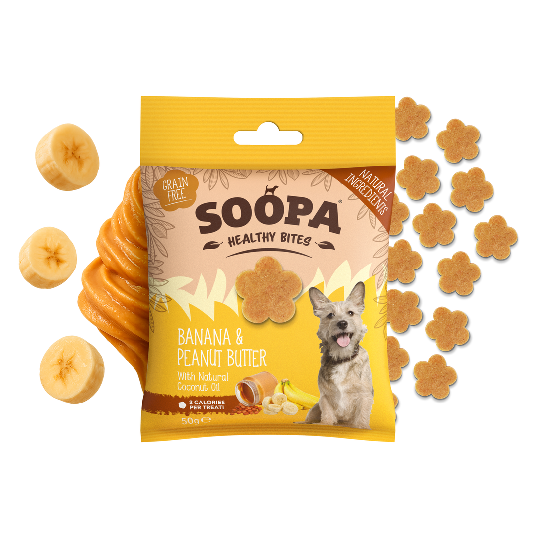 Packaging of SOOPA Healthy Bites Banana & Peanut Butter dog treats with treats scattered around on a white background.
