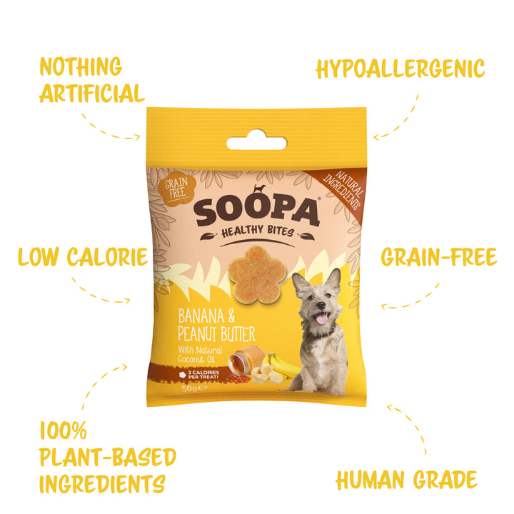 Package of Soopa Healthy Bites dog treats with text highlighting features on a white background