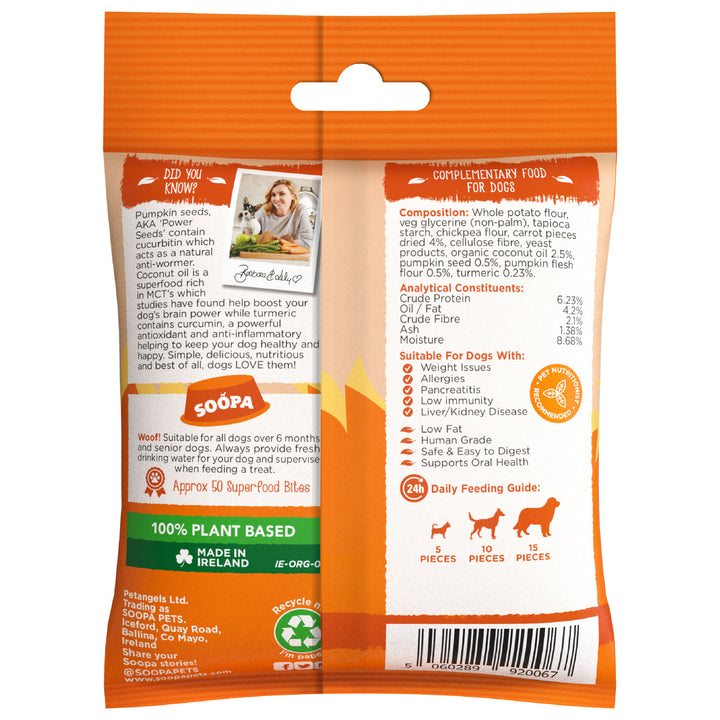 Dog food package with orange and white design on a white background