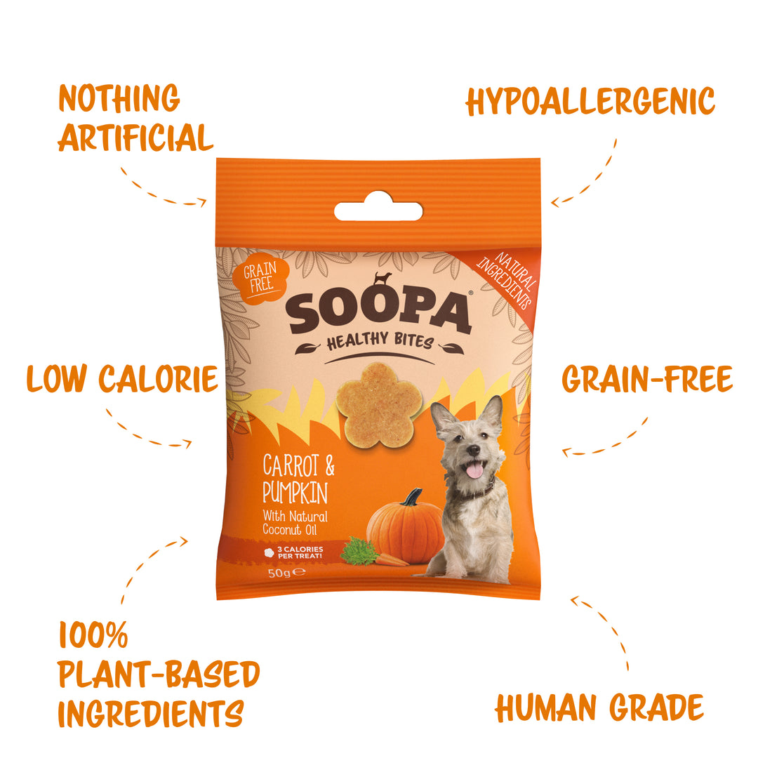 Package of Soopa Healthy Bites dog treats with text highlighting features on a white background