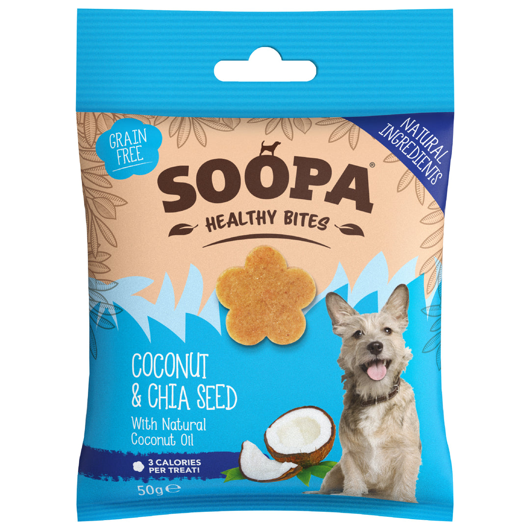 Package of Soopa Healthy Bites Coconut_Chia_Seed dog treats with a dog on the label.