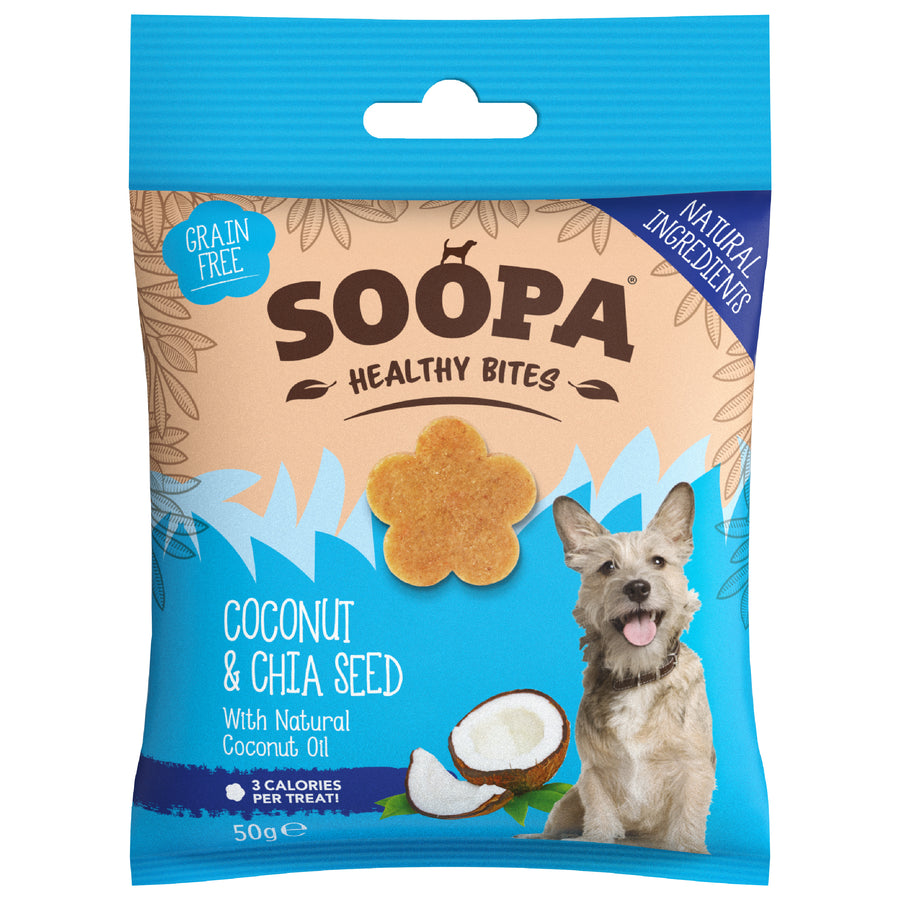 Package of Soopa Healthy Bites Coconut_Chia_Seed dog treats with a dog on the label.
