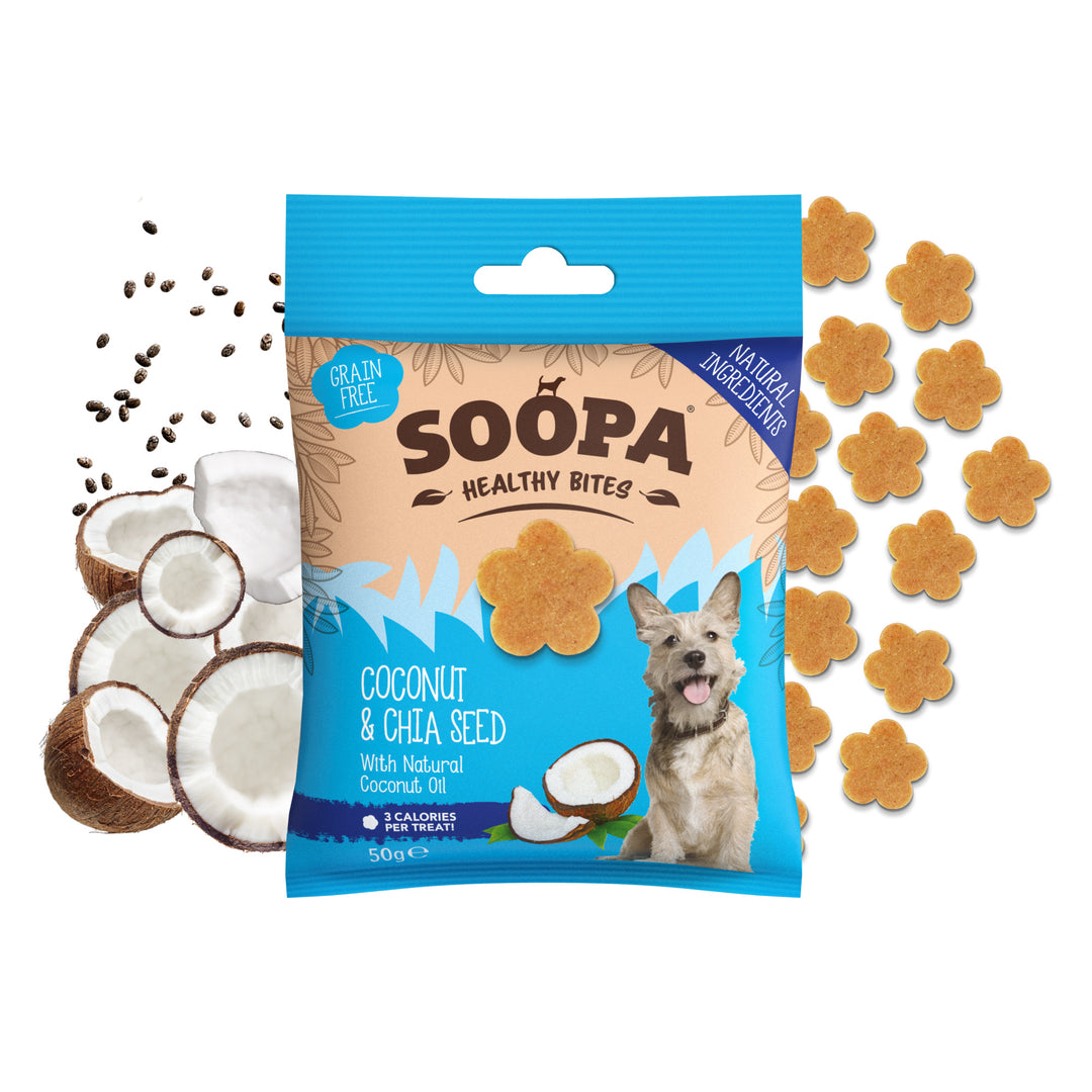 Packaging of SOOPA Healthy Bites Coconut_Chia_Seed dog treats with treats scattered around on a white background.