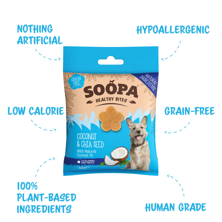 Package of Soopa Healthy Bites dog treats with text highlighting features on a white background