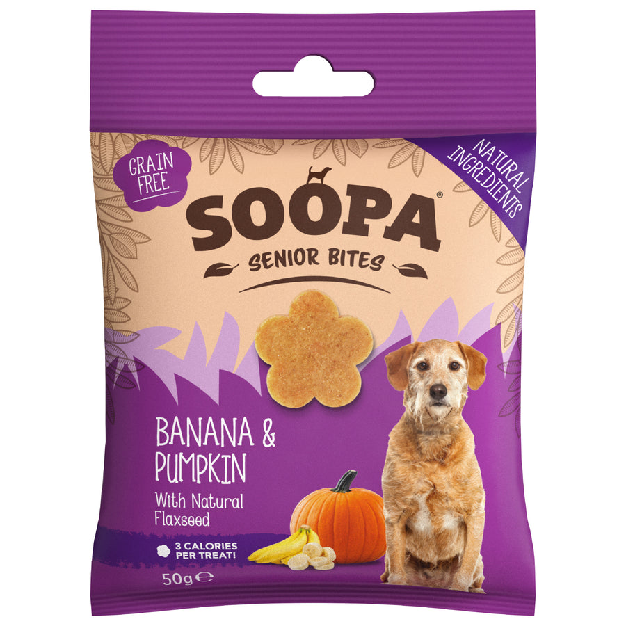 Package of Soopa Senior Bites Banana_Pumpkin dog treats with a dog on the label.