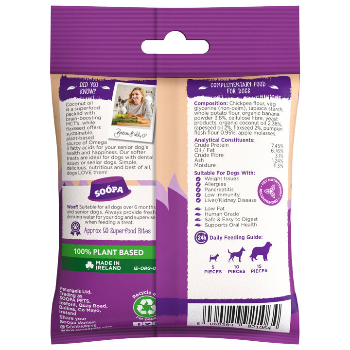 Dog food package with purple and white design, featuring text and images of a woman and dog.