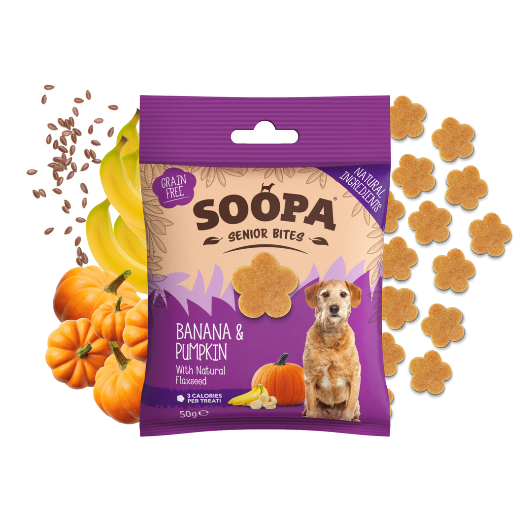 Packaging of Soopa_Senior_Bites_Banana_Pumpkin_Dog_Treats_ with treats scattered around on a white 