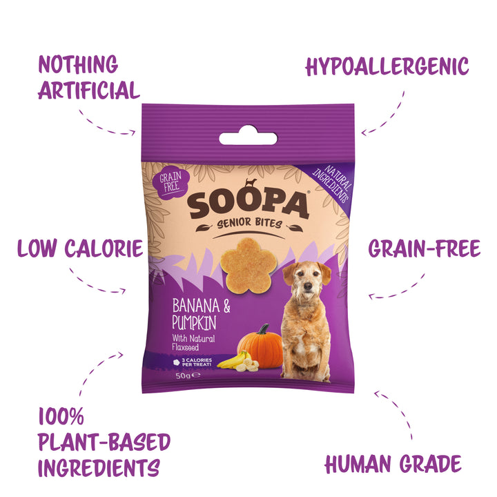 Package of Soopa Senior_Bites dog treats with text highlighting features on a white background