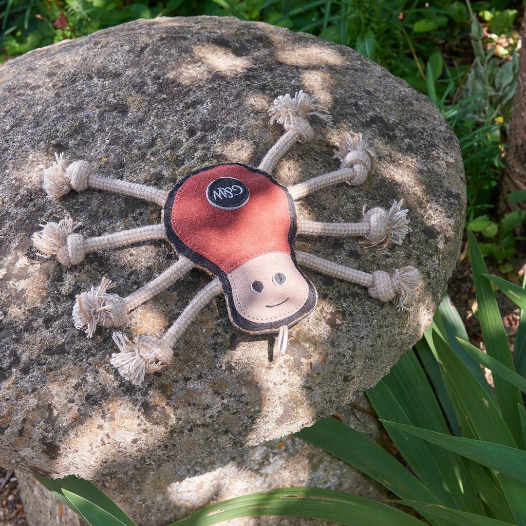 Close-up of Spike the Spider toy on a toadstool prop, highlighting jute rope legs and suede body.