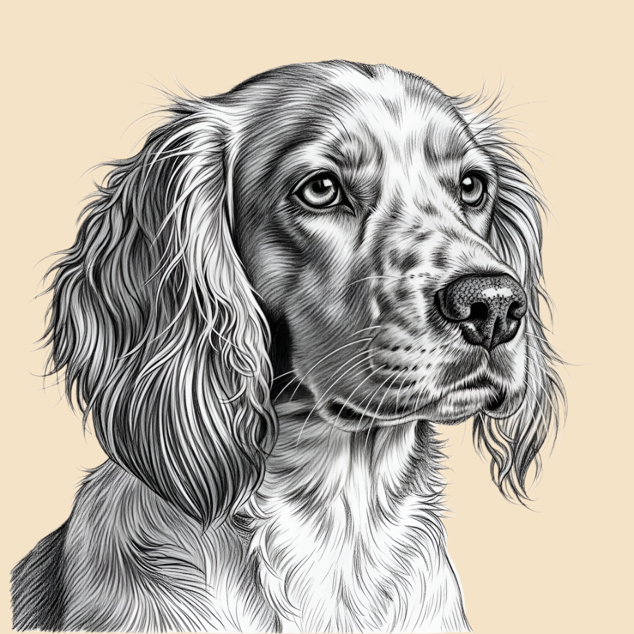 Sketch of a Sprocker Spaniel, medium dog breed featured in The Puggly Club eco friendly birthday boxes