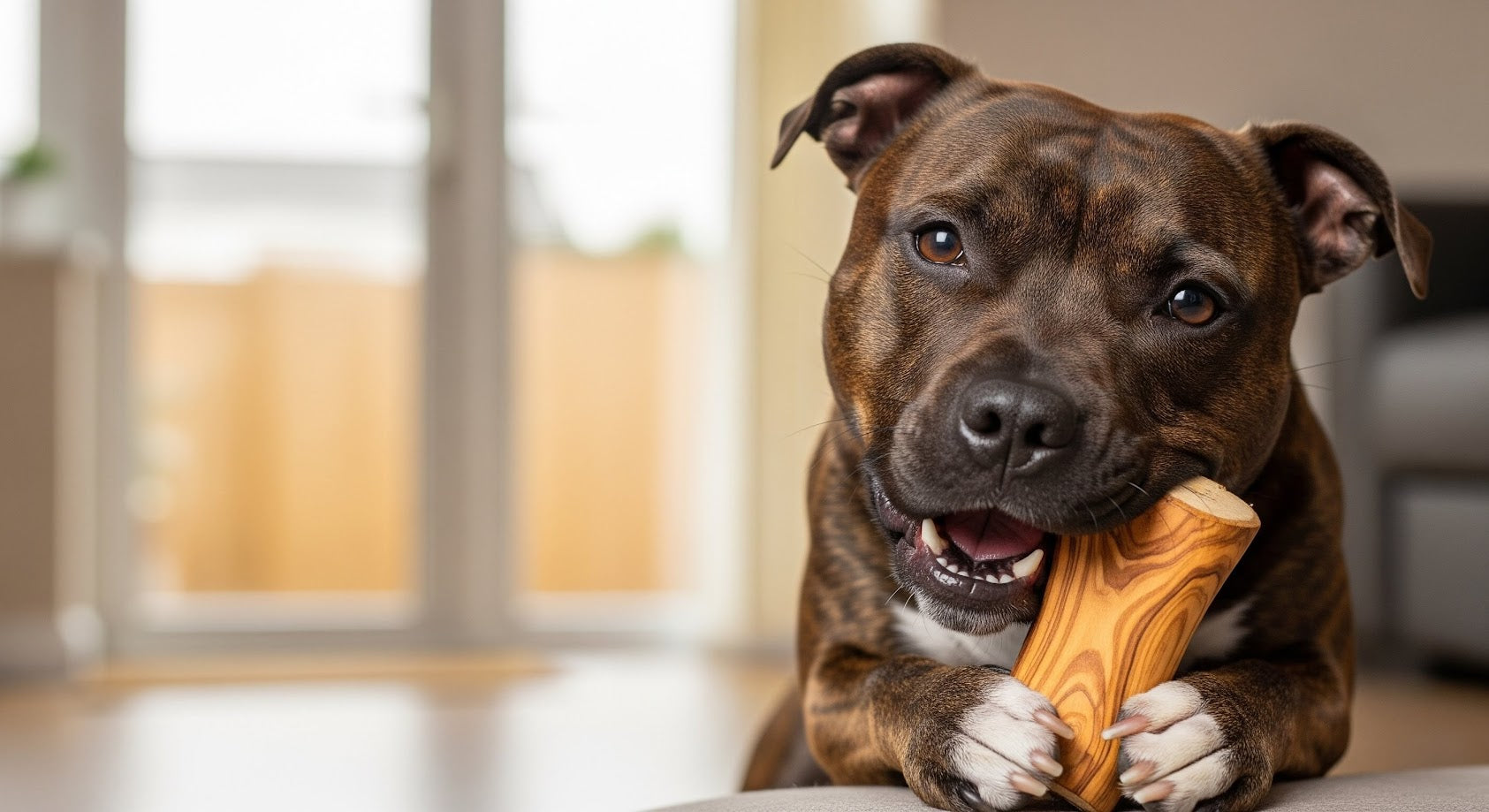 Staffordshire Bull Terrier indoors chewing an olivewood dog toy – featured in The Puggly Club eco-friendly birthday boxes.