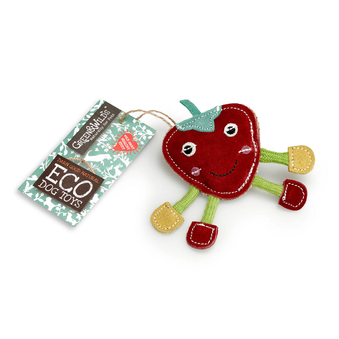 Green & Wild’s Steve the Strawberry – sustainable suede and jute dog toy for small dogs under 5kg, biodegradable 