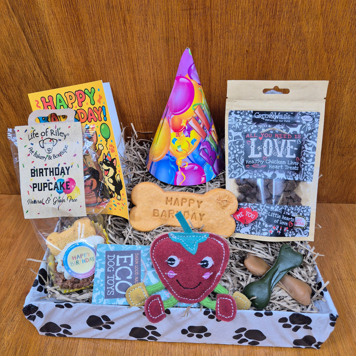 Tail Waggin’ Birthday Box for extra small dogs by The Paw Branch Club featuring eco-friendly toys and natural treats.