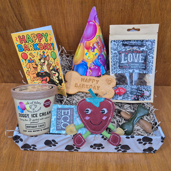 Tail Waggin’ Dog Birthday Box by The Paw Branch Club made for extra small dogs with natural toys and treats.