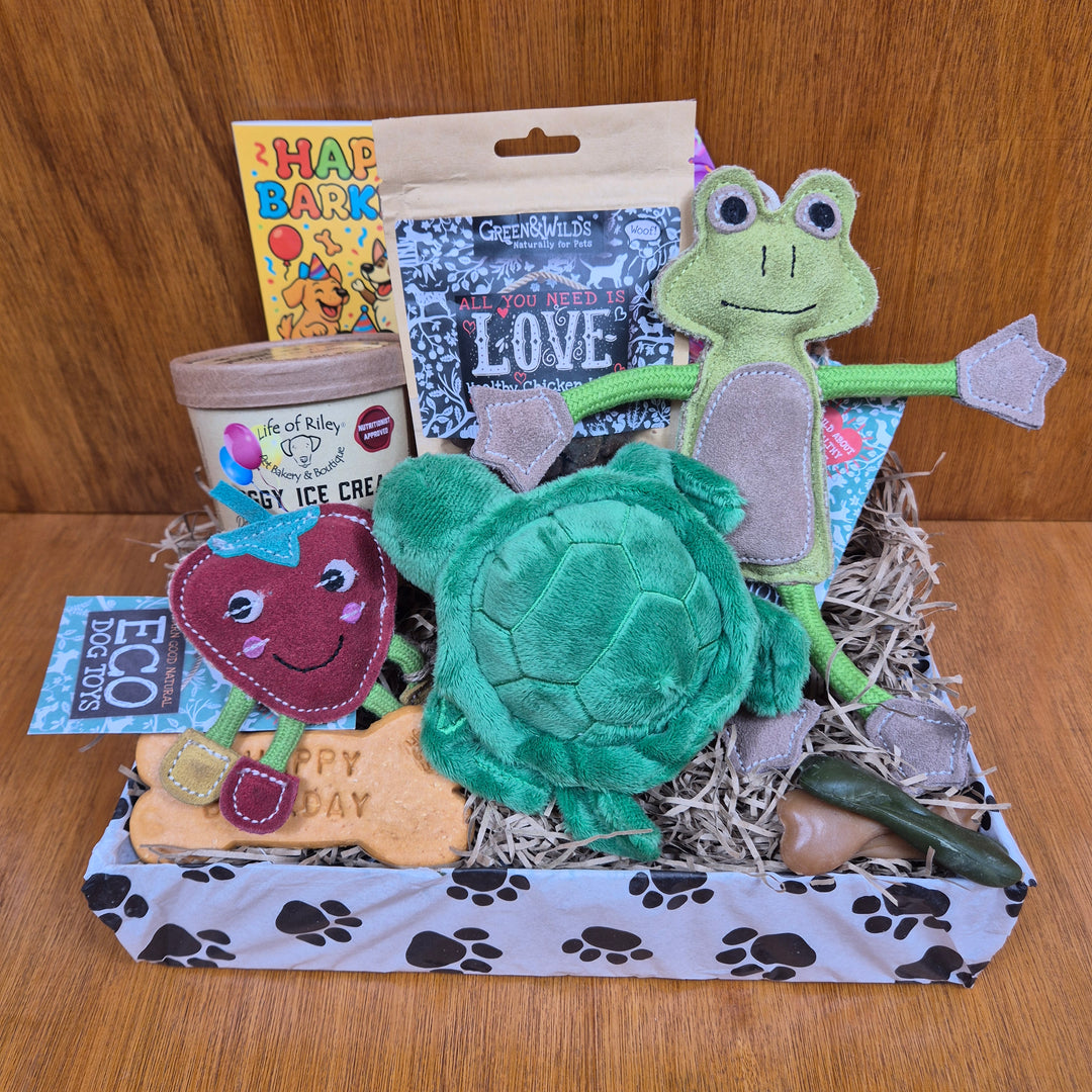 The Paw Branch Club Top Dog Birthday Box offers fun toys and healthy treats for extra small dogs.