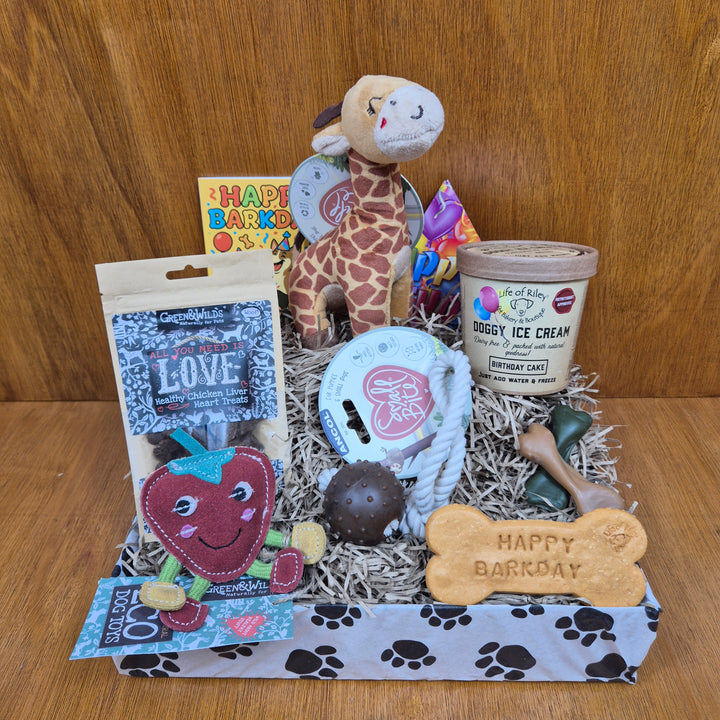 Dog-themed birthday gift box with various dog toys and treats on a wooden surface