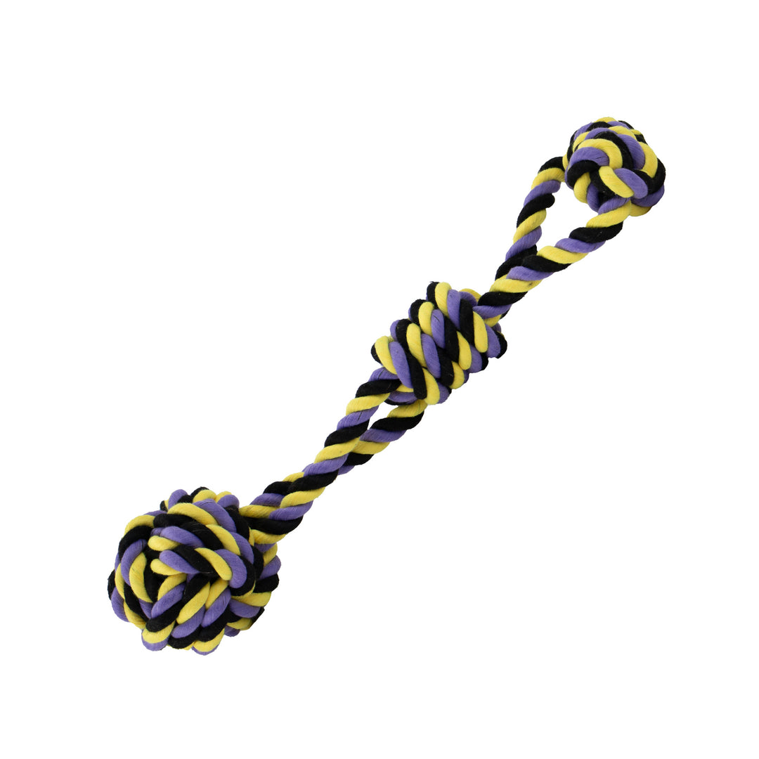 Studio shot of the heavy knotted ANCOL Tricoloured Rope Tug toy, highlighting the interwoven cotton rope and ball feature, supplied by Paw Branch.