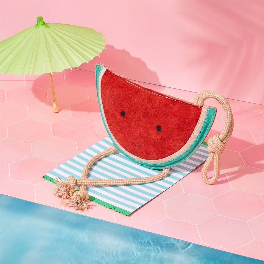 Watermelon-shaped Large dog toy with a smiley face on a pink and blue geometric background