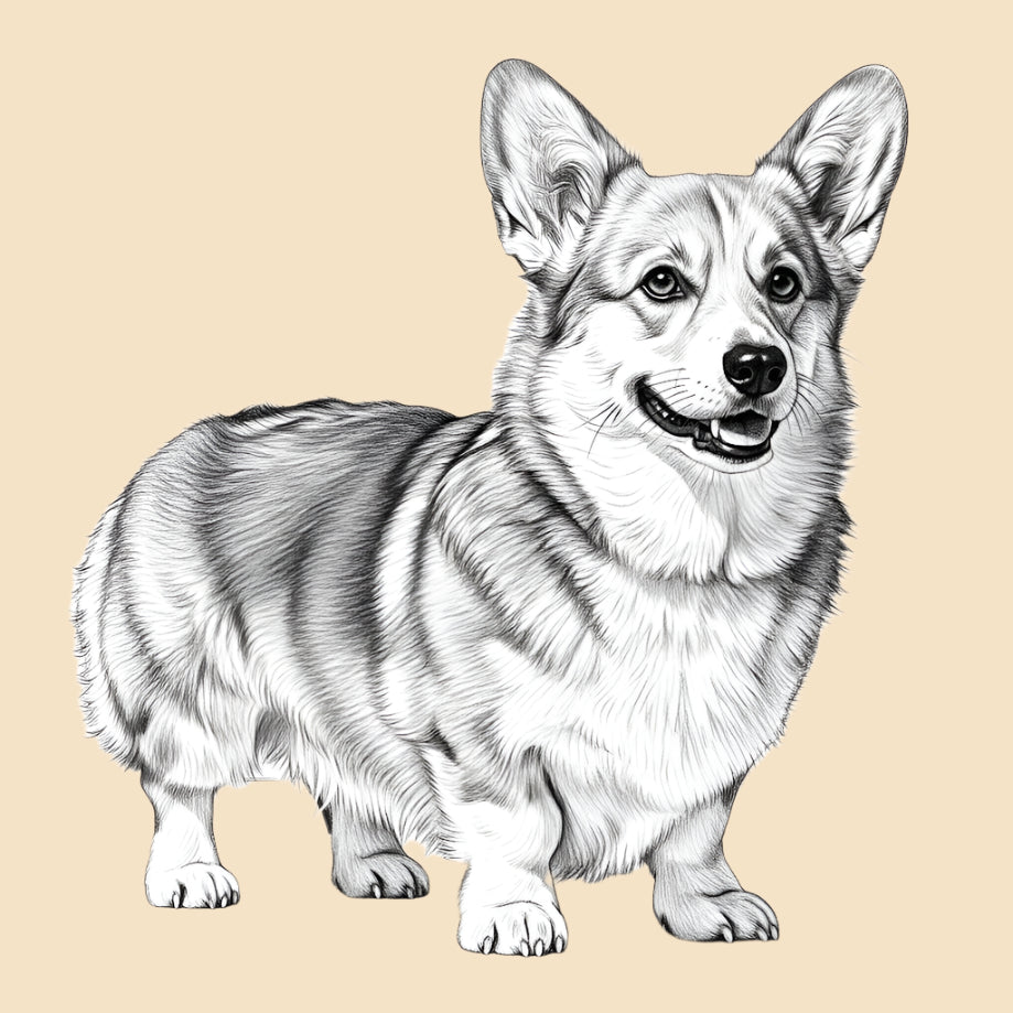 Sketch of a Welsh Corgi, medium dog breed featured in The Puggly Club eco friendly birthday boxes