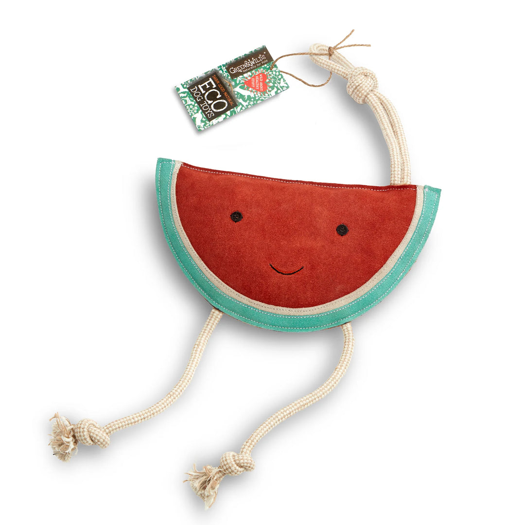 Eco friendly watermelon shaped dog toy with suede outer, jute fibre stuffing and rope legs. Suitable for large and extra large sized dogs.